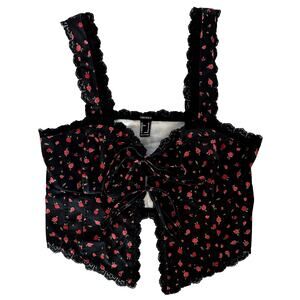 Y2K Forever 21 Black Satin Rose Print Bow Tie Corset Top – Size M